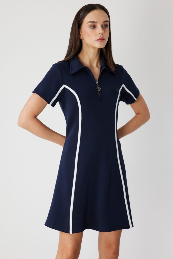 ON TRİKO Çizgi Detaylı Elbise 76483 - Lacivert