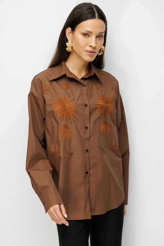EKOL İşlemeli Oversize Pamuk Gömlek 2818 - kahve