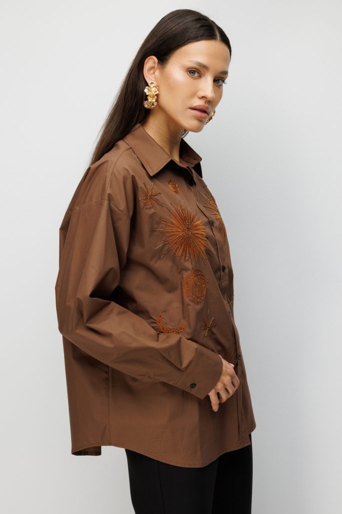 EKOL İşlemeli Oversize Pamuk Gömlek 2818 - kahve