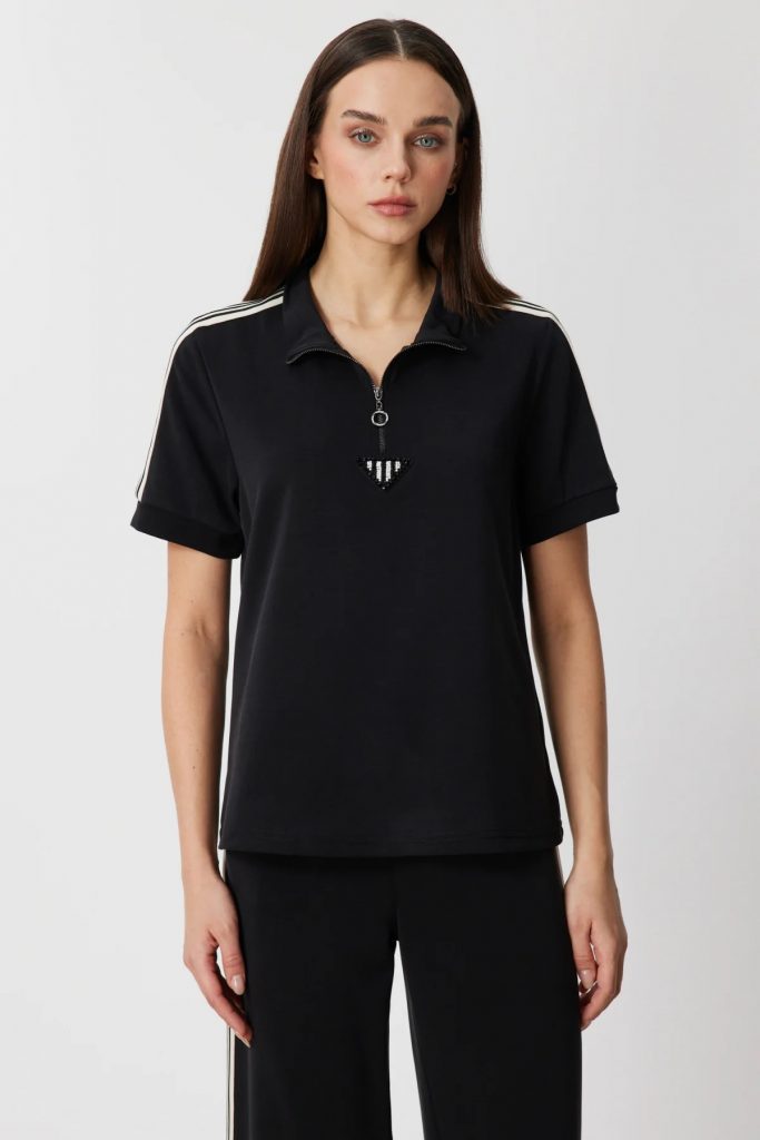 ON TRİKO Fermuar Detaylı T-shirt 76335 - Siyah