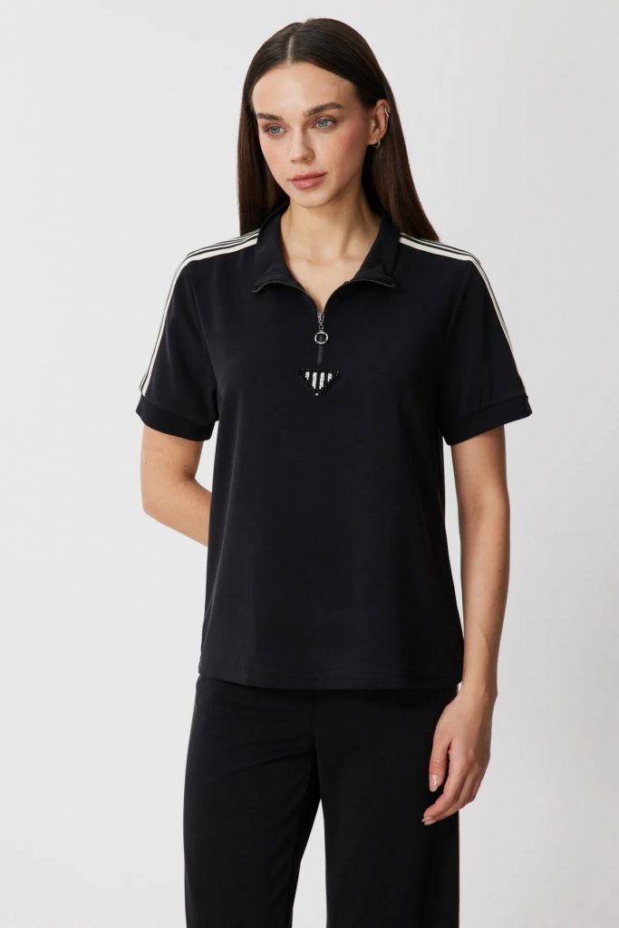 ON TRİKO Fermuar Detaylı T-shirt 76335 - Siyah