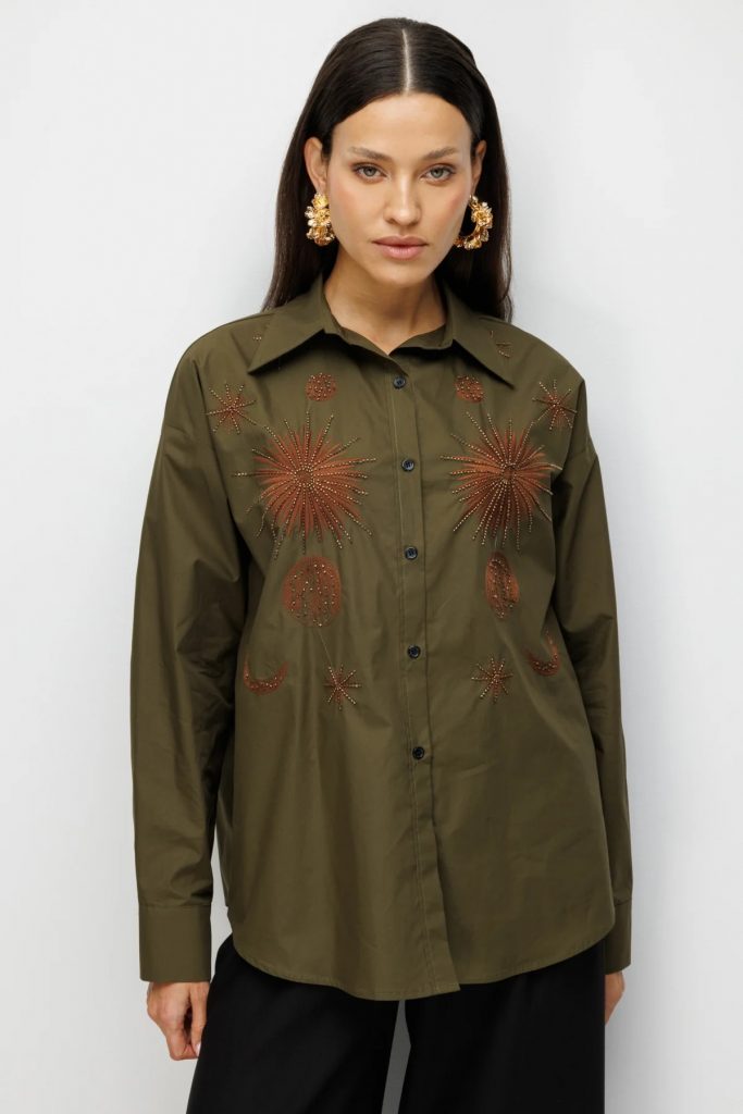 EKOL İşlemeli Oversize Pamuk Gömlek 2818 - HAKİ