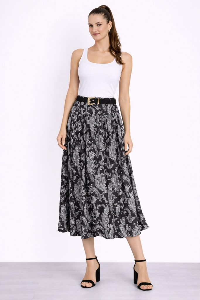 ON TRİKO Beli Kemerli Desenli Midi Etek  74210 - Siyah