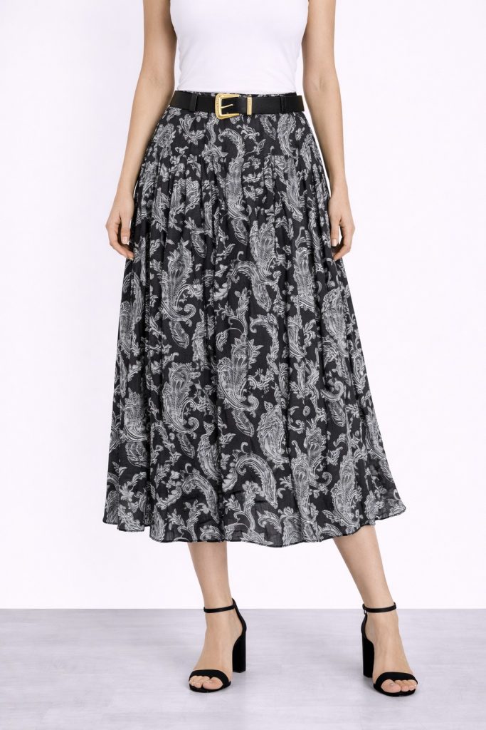 ON TRİKO Beli Kemerli Desenli Midi Etek  74210 - Siyah