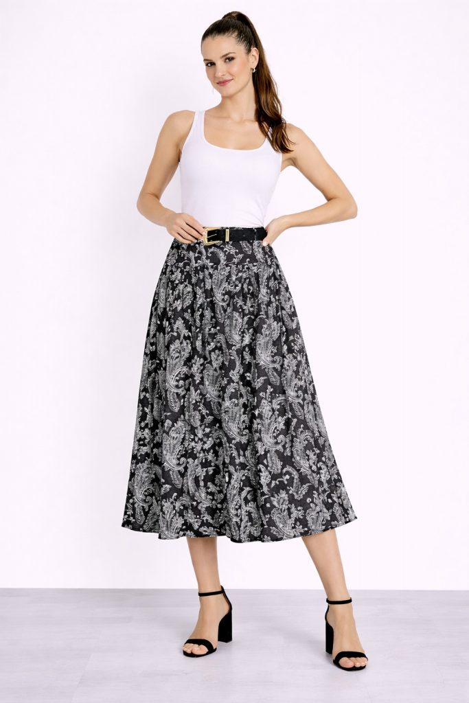 ON TRİKO Beli Kemerli Desenli Midi Etek  74210 - Siyah