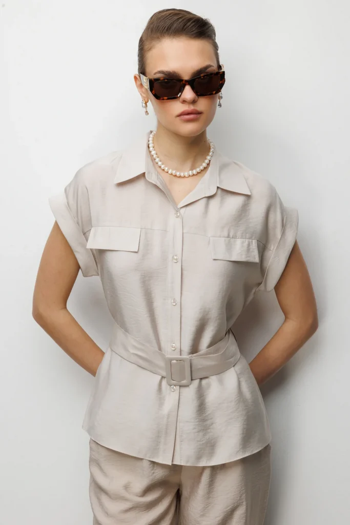 EKOL Beli Kemerli Bluz  2086 - BEJ