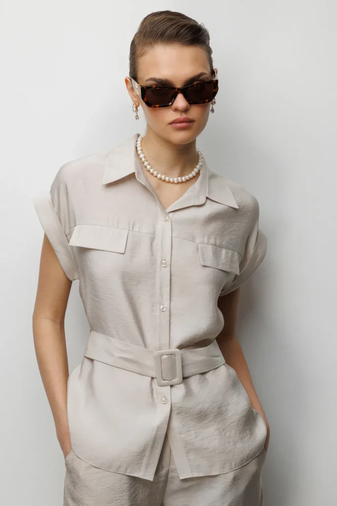 EKOL Beli Kemerli Bluz  2086 - BEJ