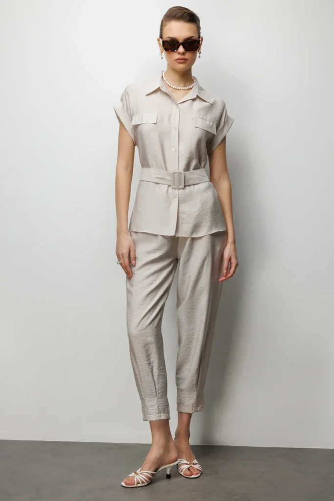 EKOL Beli Kemerli Bluz  2086 - BEJ