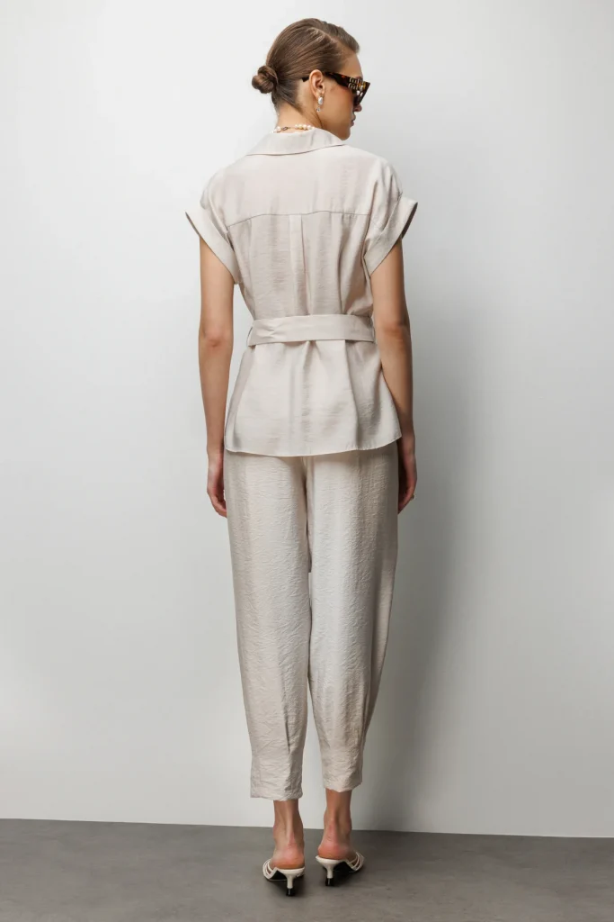 EKOL Beli Kemerli Bluz  2086 - BEJ