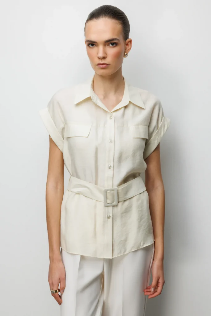 EKOL Beli Kemerli Bluz  2086 - KREM