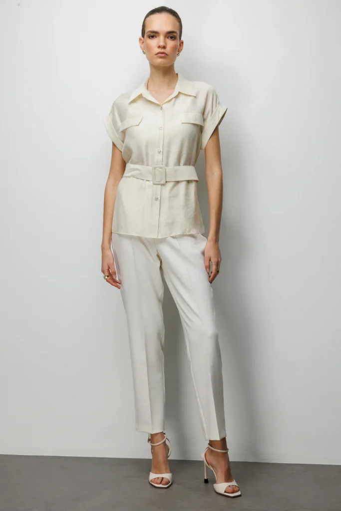 EKOL Beli Kemerli Bluz  2086 - KREM