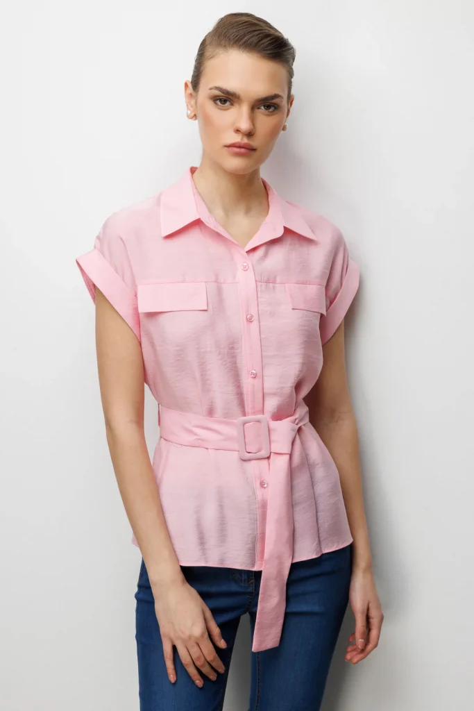 EKOL Beli Kemerli Bluz  2086 - pembe
