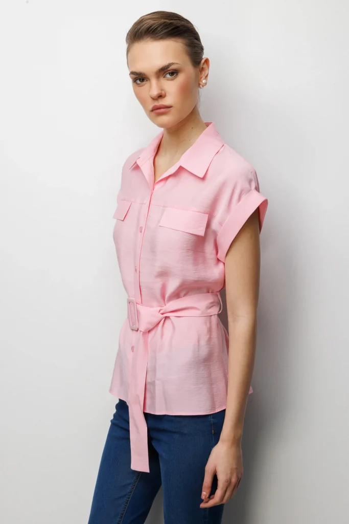 EKOL Beli Kemerli Bluz  2086 - pembe