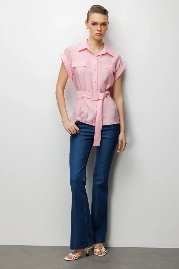 EKOL Beli Kemerli Bluz  2086 - pembe