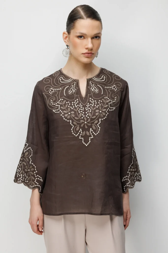 EKOL İşlemeli Kadın Bluz 2846 - kahve