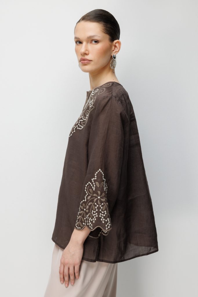 EKOL İşlemeli Kadın Bluz 2846 - kahve