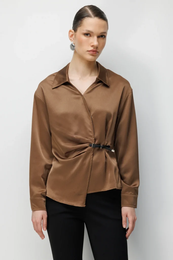 EKOL Beli Kemer Detaylı Bluz 2868 - kahve