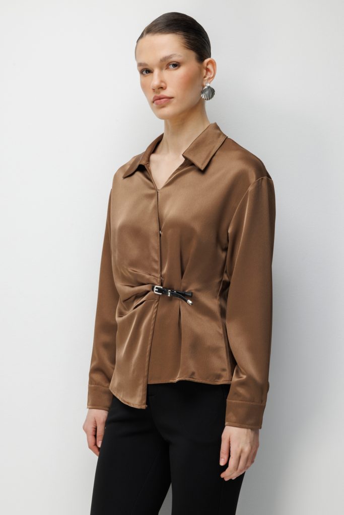 EKOL Beli Kemer Detaylı Bluz 2868 - kahve