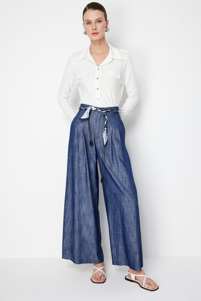 ON TRİKO Beli Kuşaklı Geniş Paça Pantolon 74119 - İNDİGO