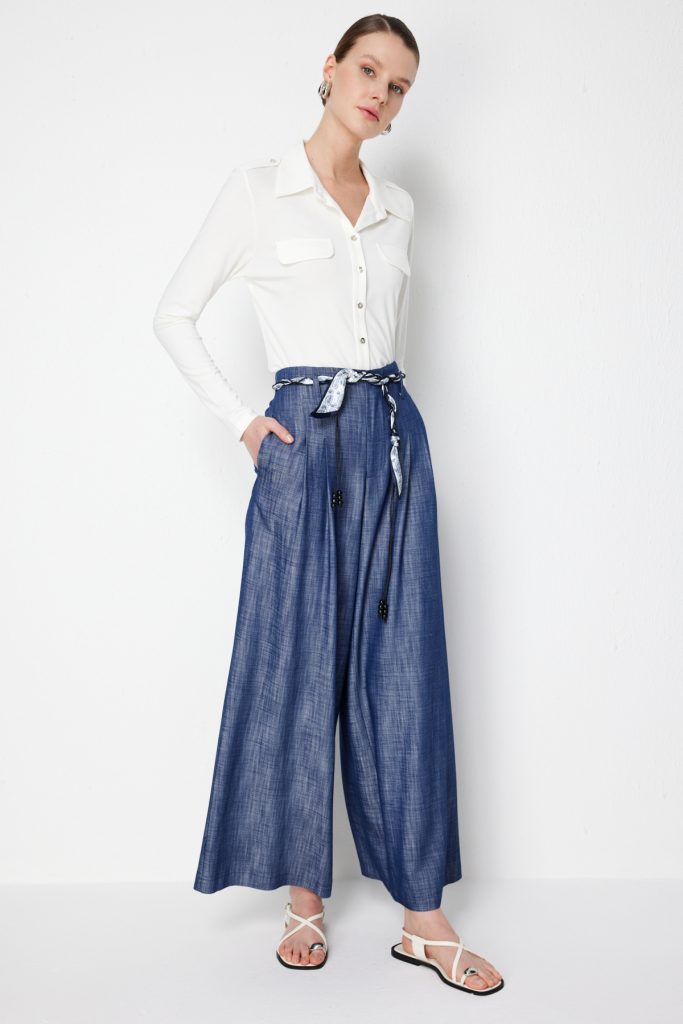 ON TRİKO Beli Kuşaklı Geniş Paça Pantolon 74119 - İNDİGO