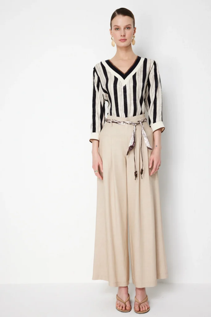 ON TRİKO Beli Kuşaklı Geniş Paça Pantolon 74119 - KUM