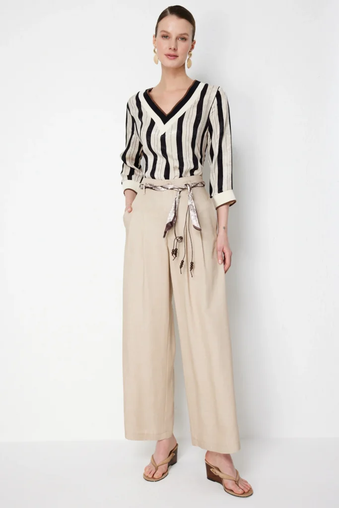 ON TRİKO Beli Kuşaklı Geniş Paça Pantolon 74119 - KUM