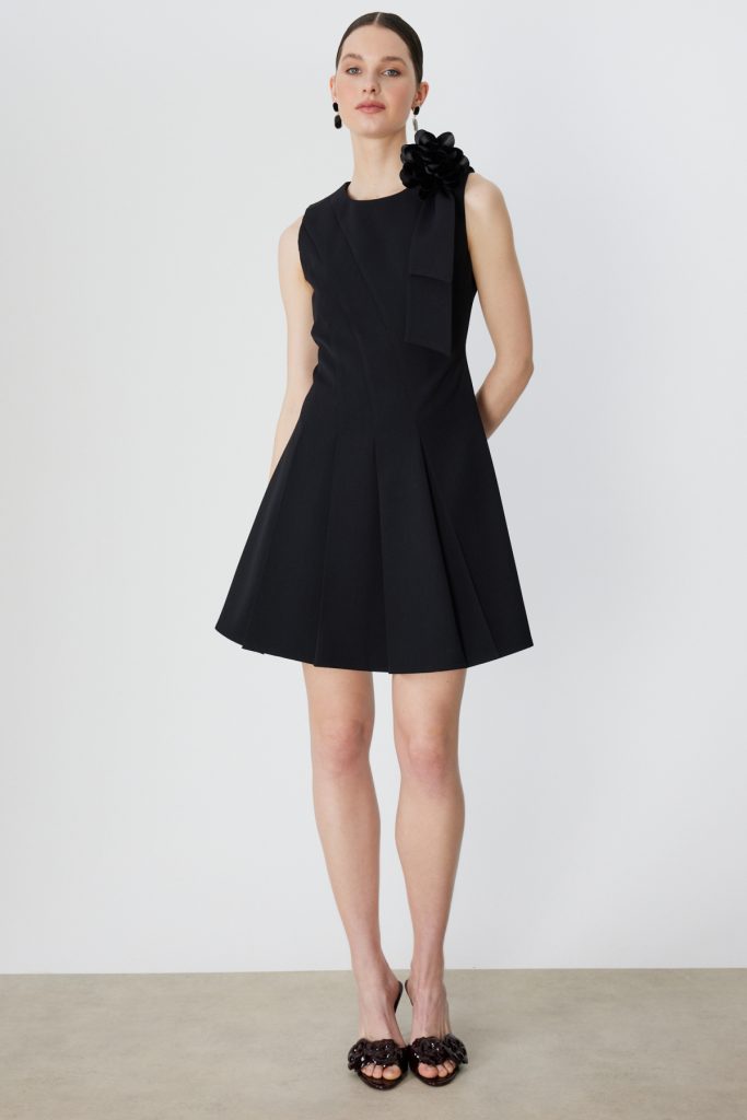 EKOL Çiçek Detaylı Pileli Elbise 6136 - Siyah