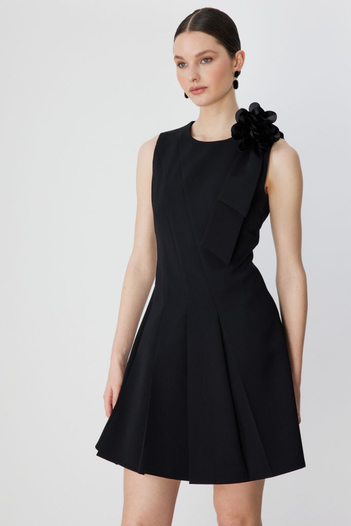 EKOL Çiçek Detaylı Pileli Elbise 6136 - Siyah