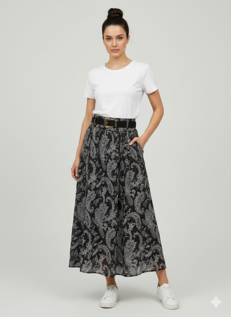 ON TRİKO Beli Kemerli Desenli Midi Etek  74210 - kahve