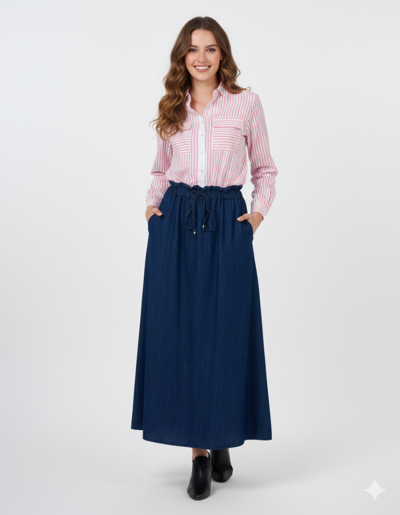 KAYRA Bel Lastikli Denim Etek 12005 - K.LACİVERT