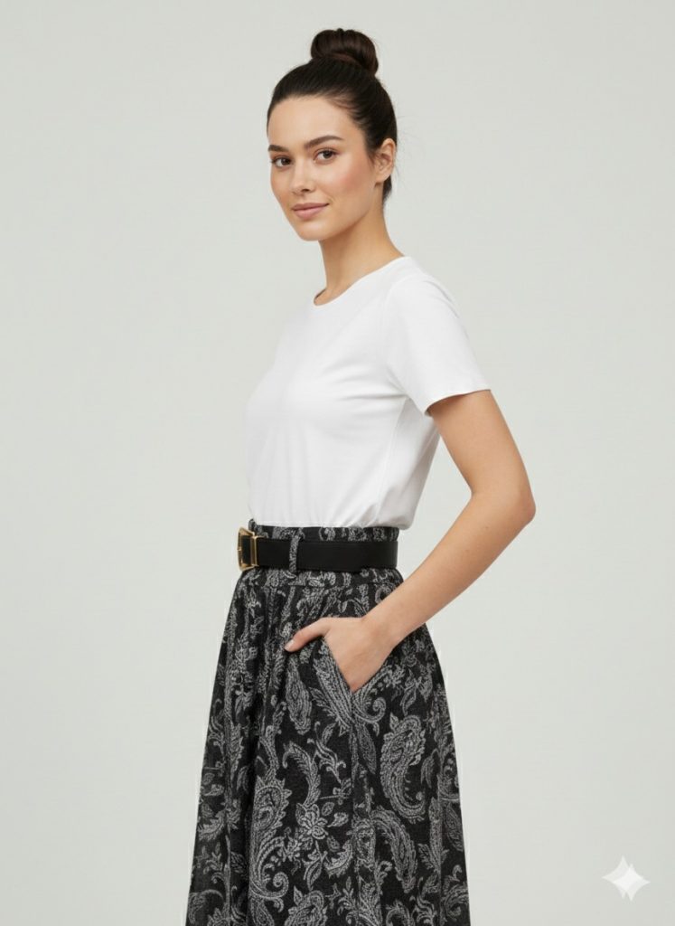 ON TRİKO Beli Kemerli Desenli Midi Etek  74210 - kahve