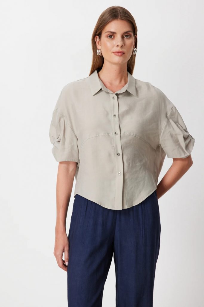 ON TRİKO Kolu Büzgülü Kısa Kollu Gömlek  74319 - BEJ