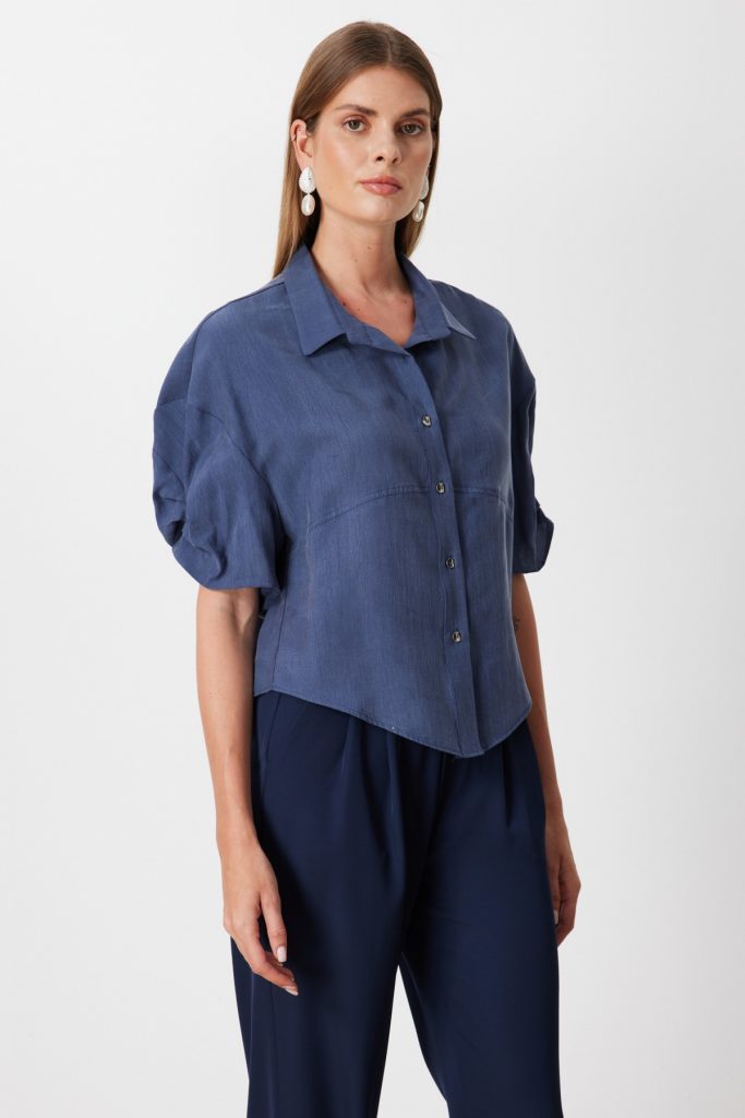 ON TRİKO Kolu Büzgülü Kısa Kollu Gömlek  74319 - İNDİGO