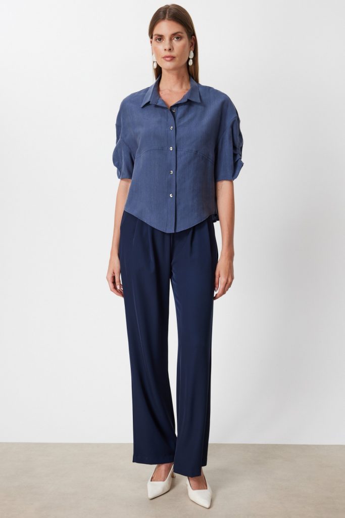 ON TRİKO Kolu Büzgülü Kısa Kollu Gömlek  74319 - İNDİGO