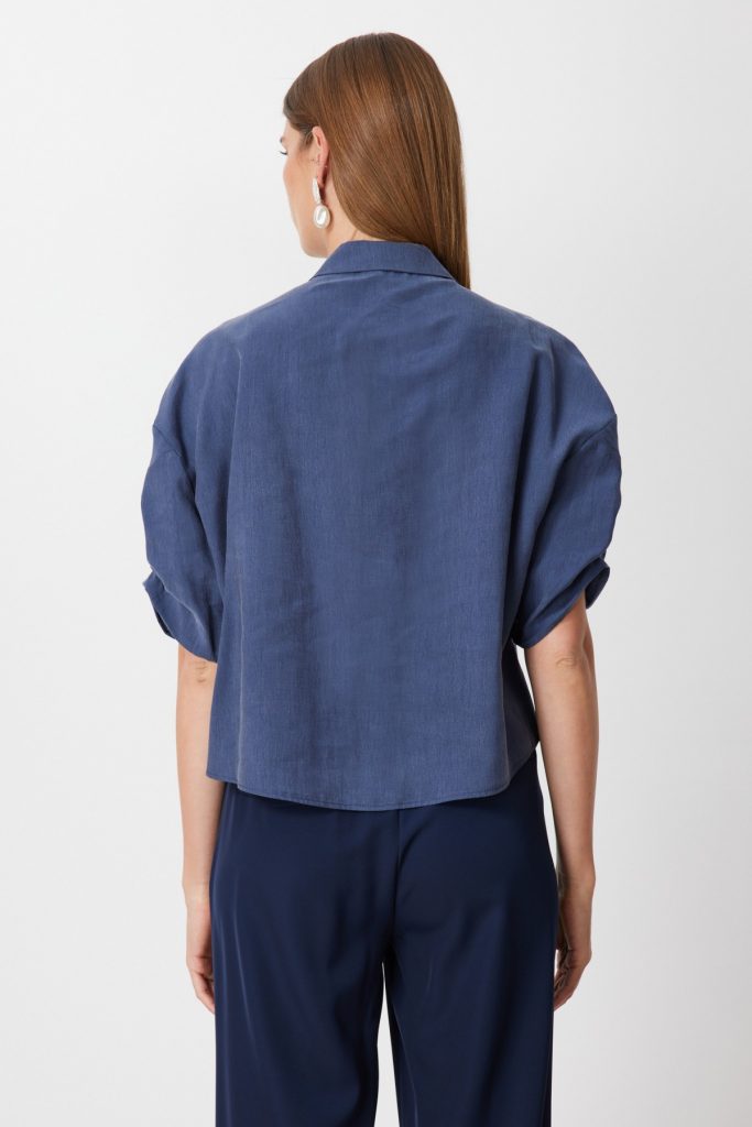 ON TRİKO Kolu Büzgülü Kısa Kollu Gömlek  74319 - İNDİGO