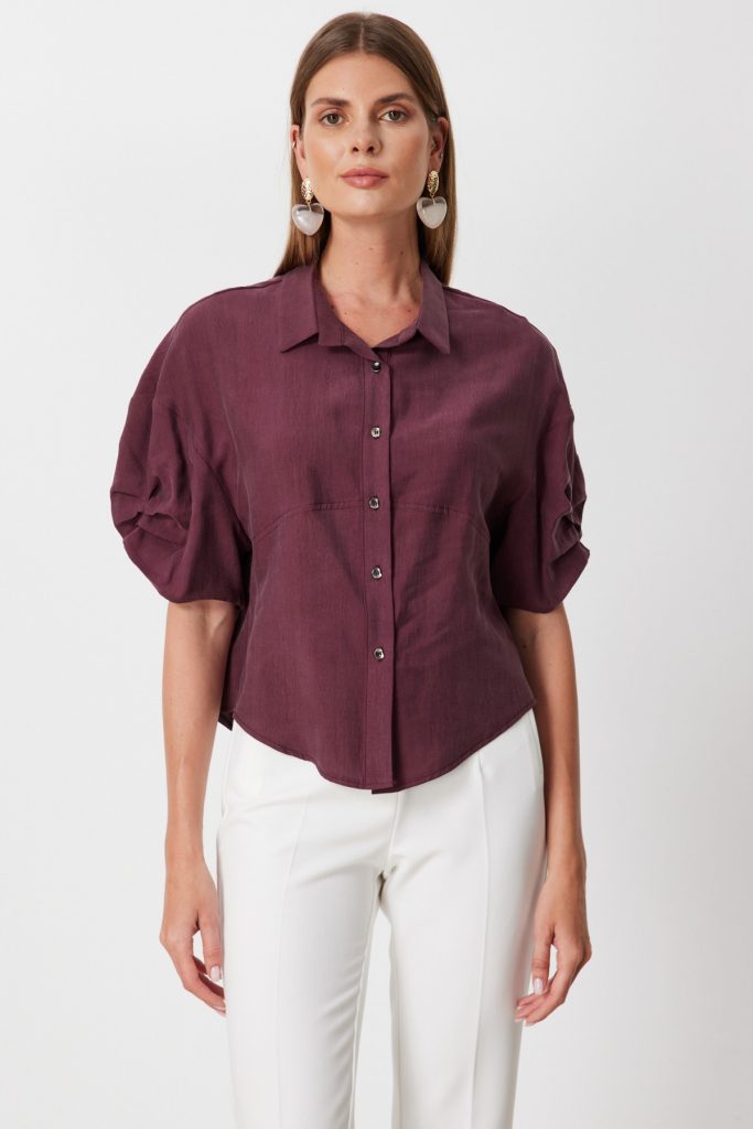 ON TRİKO Kolu Büzgülü Kısa Kollu Gömlek  74319 - bordo