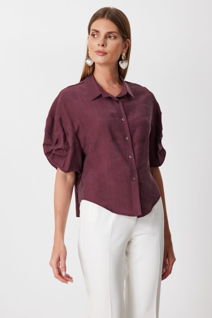 ON TRİKO Kolu Büzgülü Kısa Kollu Gömlek  74319 - bordo