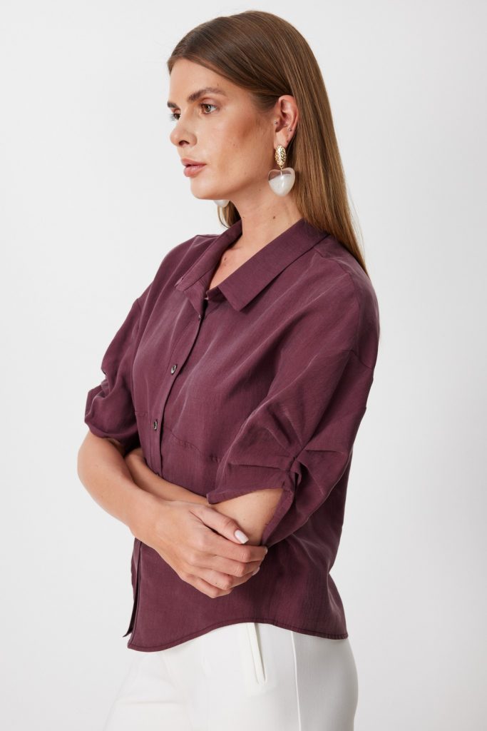 ON TRİKO Kolu Büzgülü Kısa Kollu Gömlek  74319 - bordo