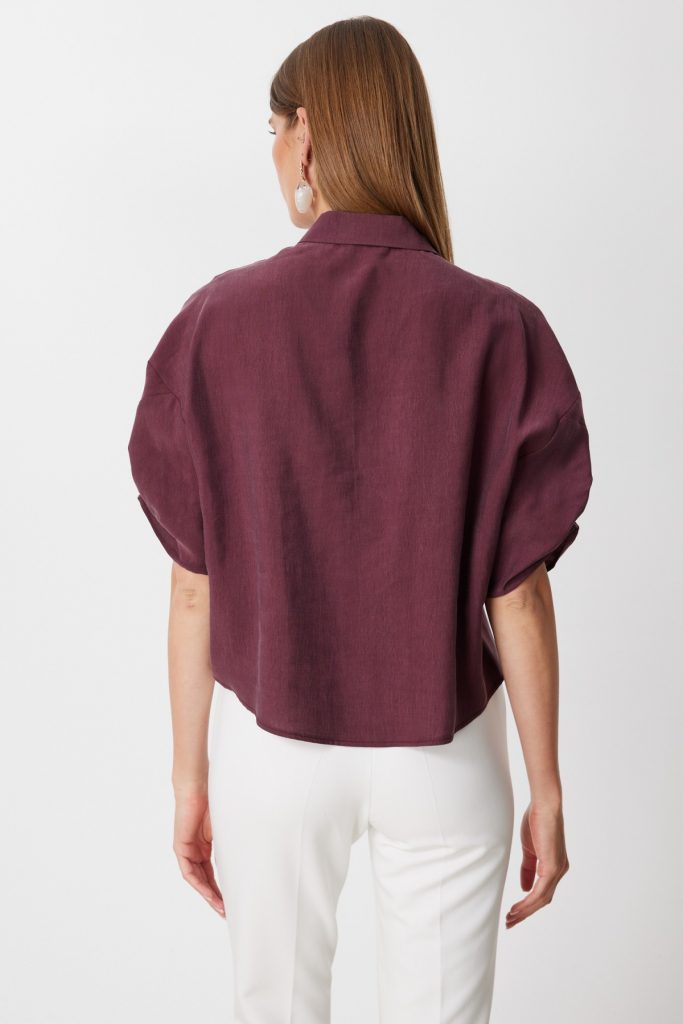 ON TRİKO Kolu Büzgülü Kısa Kollu Gömlek  74319 - bordo
