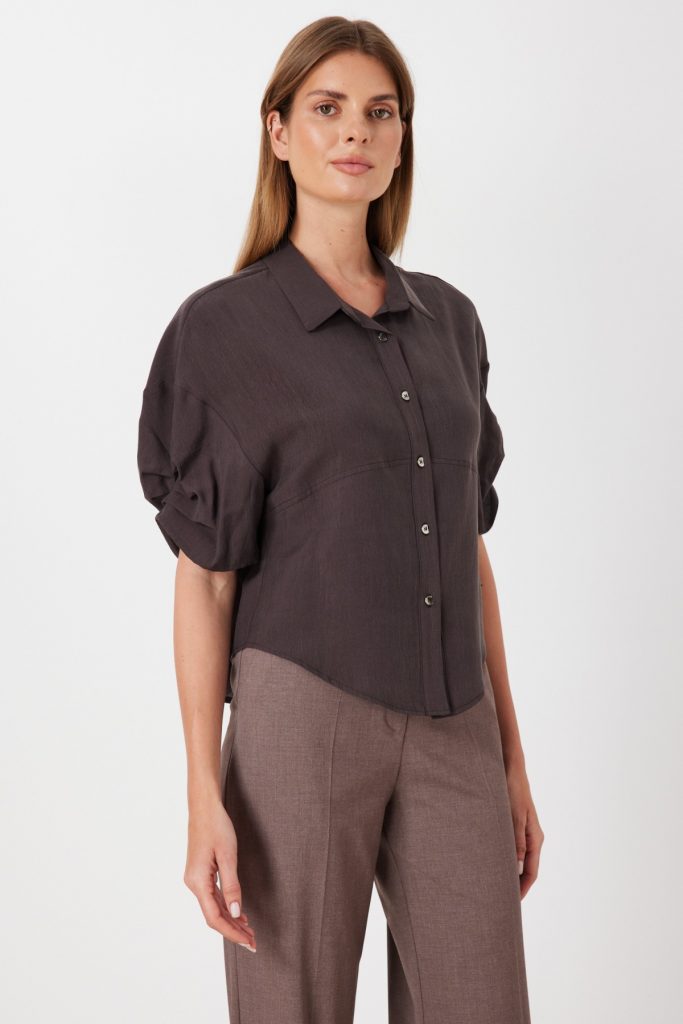 ON TRİKO Kolu Büzgülü Kısa Kollu Gömlek  74319 - kahve