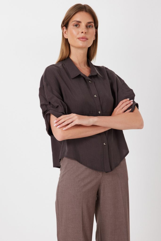 ON TRİKO Kolu Büzgülü Kısa Kollu Gömlek  74319 - kahve