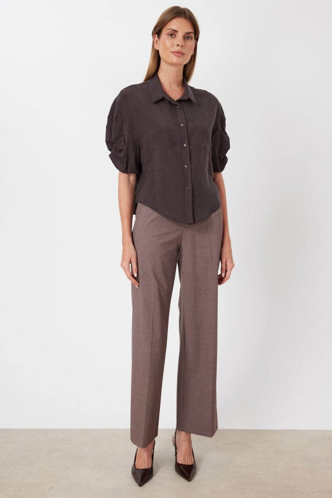 ON TRİKO Kolu Büzgülü Kısa Kollu Gömlek  74319 - kahve