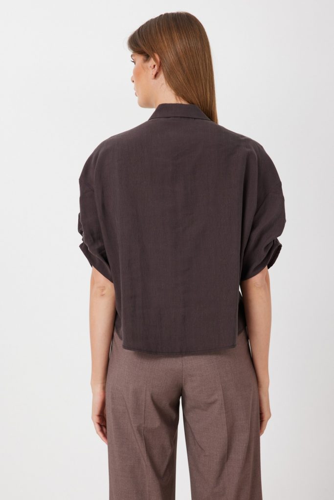 ON TRİKO Kolu Büzgülü Kısa Kollu Gömlek  74319 - kahve