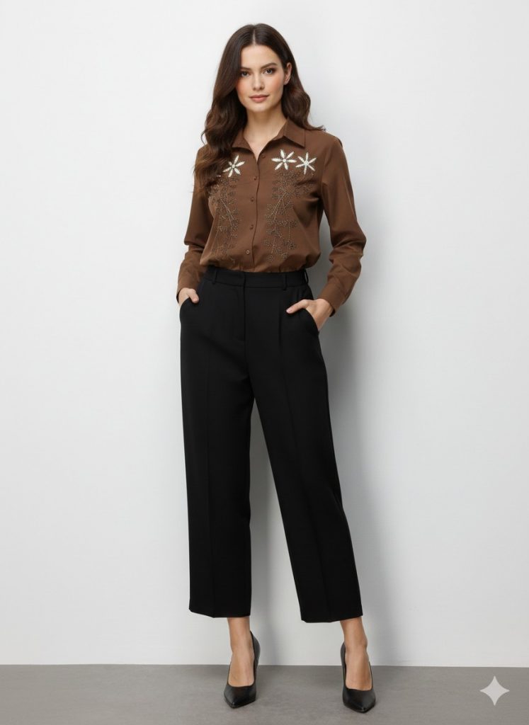 EKOL Nakışlı Gömlek 2810 - kakao