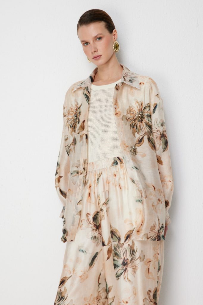 EKOL Taş İşlemeli Desenli Gömlek 2906 - naturel