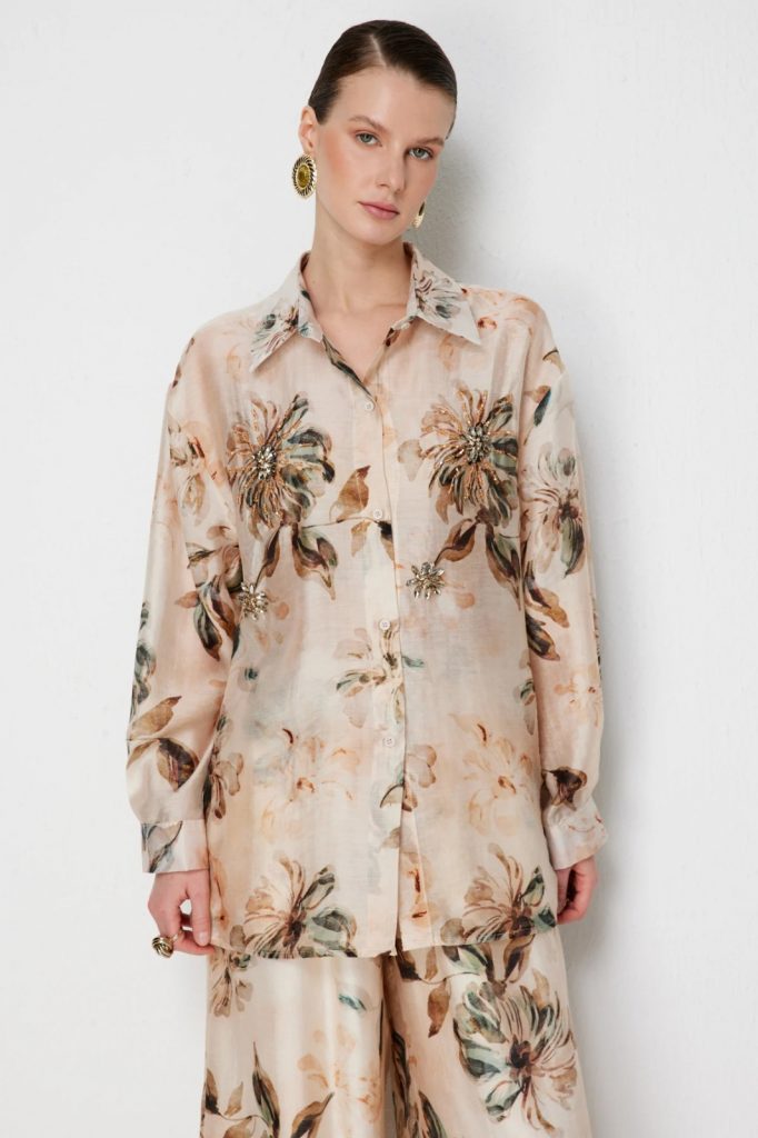 EKOL Taş İşlemeli Desenli Gömlek 2906 - naturel