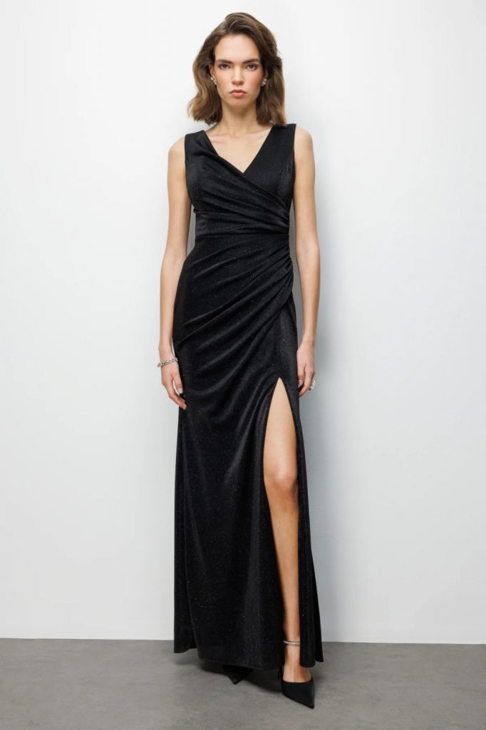 EKOL Büzgü Detaylı Yırtmaçlı Simli Elbise 6082 - Siyah