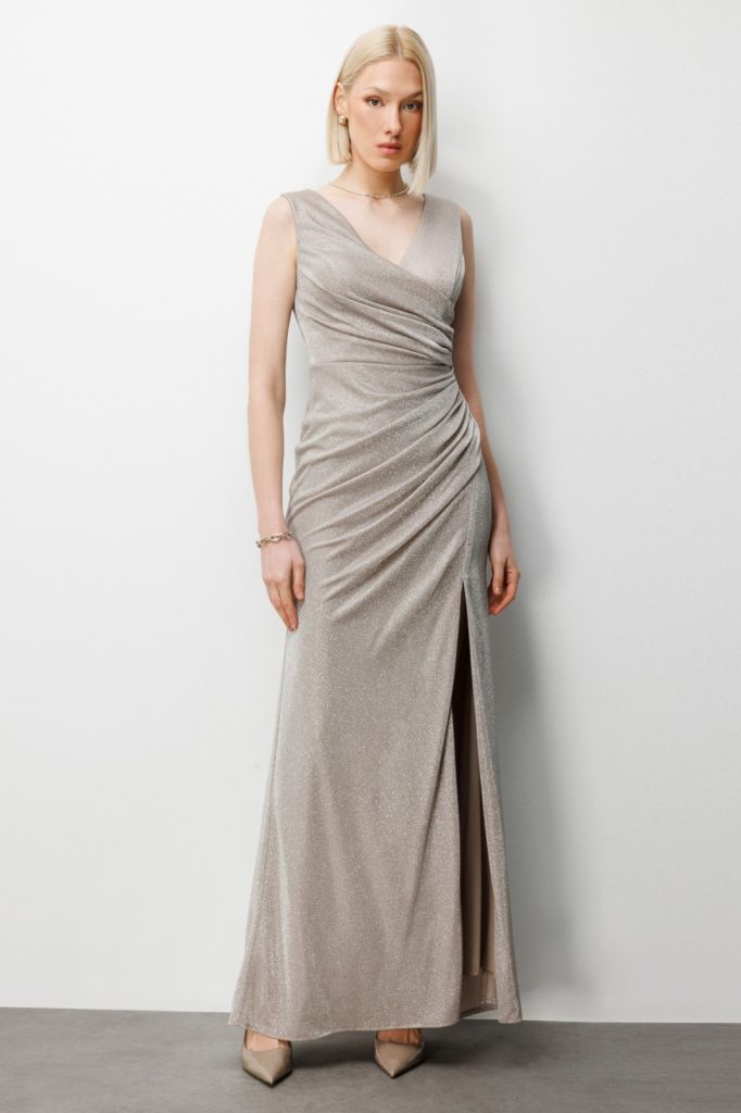 EKOL Büzgü Detaylı Yırtmaçlı Simli Elbise 6082 - gold