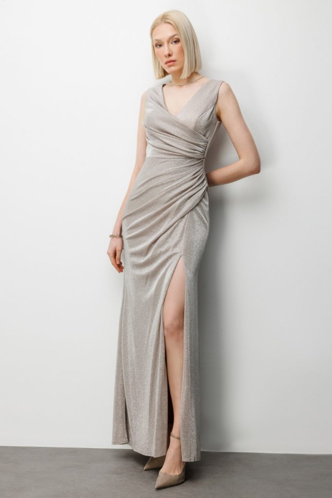 EKOL Büzgü Detaylı Yırtmaçlı Simli Elbise 6082 - gold