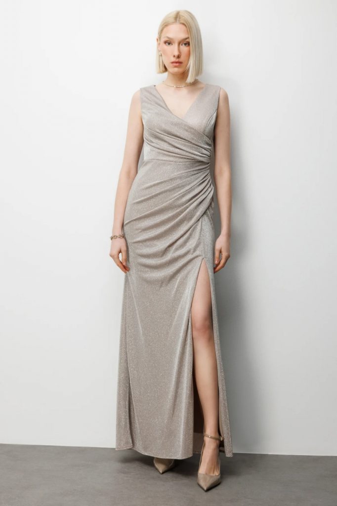 EKOL Büzgü Detaylı Yırtmaçlı Simli Elbise 6082 - gold